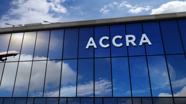 항공기 Accra Ghana 렌더링 애니메이션 터미널과 도시에 도착하여 비행기를 반영하는 — 비디오
