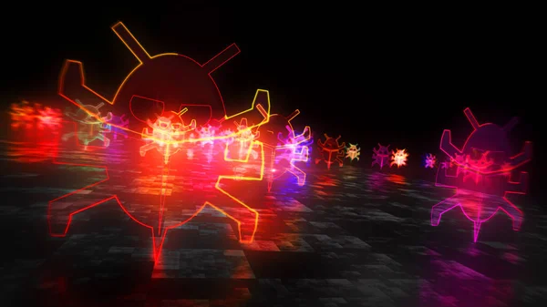 Virensymbol, Computerschutz, Cyber-Angriff, Antivirus, digitaler Wurm und Bug-Symbol. Futuristisches abstraktes Konzept 3D-Darstellung. — Stockbild Virensymbol Computerschutz Cyber Angriff Antivirus Digitaler Wurm Und Bug Symbol — Stockfoto