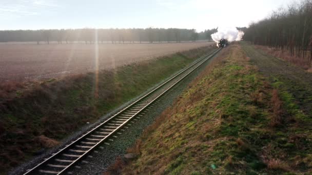 Parní Vlak Bílým Kouřem Železnici Vintage Lokomotiva Starými Vozy Trase — Stock video