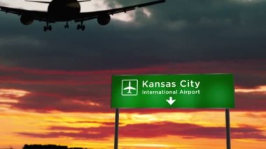 Kansas City, Missouri 'ye uçak silueti iniyor. Havaalanı yön tabelasıyla ve arka planda gün batımıyla şehre vardık. Trip ve ulaşım konsepti 3D animasyon.