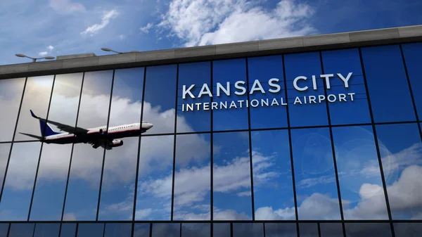 Aviones Reacción Aterrizando Kansas City Missouri Ilustración Representación Llegada Ciudad — Foto de Stock