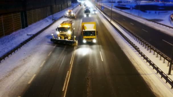 Snow Removal Highway Yellow Snowplow Night Snowstorm Route Road Traffic — Stock Video