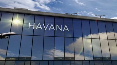 Küba, Havana 'ya iniş yapan jet uçakları animasyon yapıyor. Cam havaalanı terminali ve uçağın yansıması ile şehre varış. Seyahat, iş, turizm ve ulaşım kavramı.