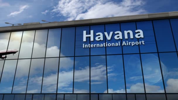 Jet Vliegtuigen Landen Havana Cuba Weergave Animatie Aankomst Stad Met — Stockvideo