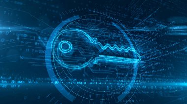 Siber anahtar sembollü dijital şifreleme konsepti, gizli, mahremiyet, bilgisayar güvenliği ve veri güvenliği ikonu. Fütürist soyut 3D resimleme.