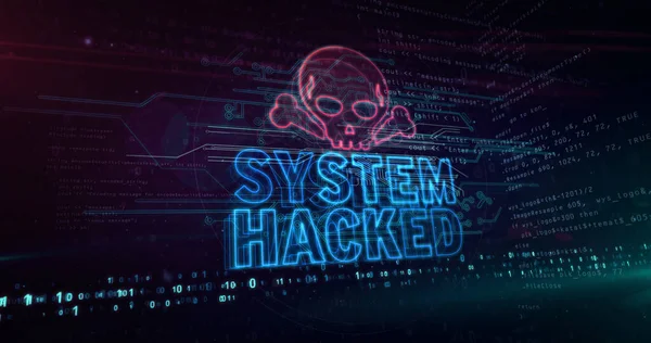System Hacked warning concept with skull symbol, cyber attack alert, danger and computer security breach icon. Futuristic abstract 3d rendering illustration.
