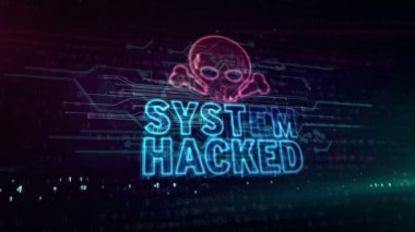 Kafatası sembollü sistem hacklenmiş uyarı konsepti, siber saldırı alarmı, tehlike ve bilgisayar güvenlik ihlali simgesi. Soyut döngü ve pürüzsüz 3d canlandırma canlandırması.