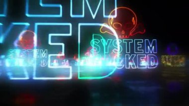 Kafatası sembollü sistem hacklenmiş uyarı konsepti, siber saldırı alarmı, tehlike ve güvenlik ihlali ikonu döngüsü. İşaretler arasında uçmak. Gelecekçi uzay soyut 3d biçimlendirilebilir döngüsüz dikişsiz canlandırma.