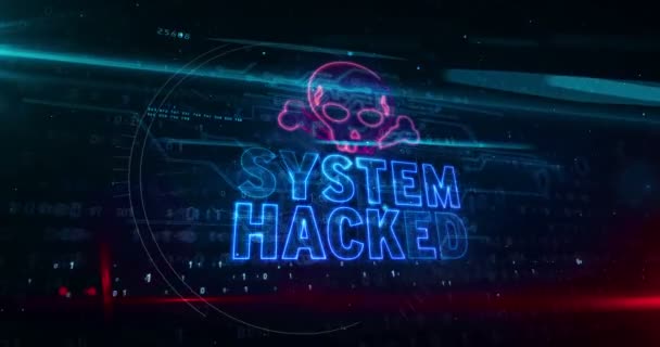 System Hackad Varningskoncept Med Dödskalle Symbol Attack Varning Fara Och — Stockvideo