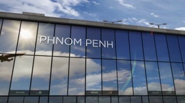 Phnom Penh, Kamboçya 'ya iniş yapan bir jet uçağı canlandırma yapıyor. Cam havaalanı terminali ve uçağın yansıması ile şehre varış. Seyahat, iş, turizm ve ulaşım kavramı.