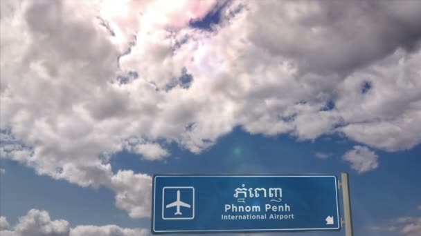 Samolot Odrzutowy Lądujący Phnom Penh Kambodży Przyjazd Miasta Znakiem Kierunku — Wideo stockowe