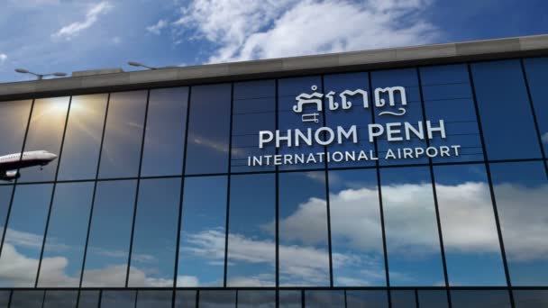 Jet Vliegtuigen Landen Phnom Penh Cambodja Weergave Animatie Aankomst Stad — Stockvideo