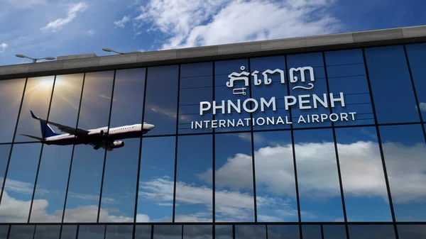 Aviones Reacción Aterrizando Phnom Penh Camboya Ilustración Representación Llegada Ciudad — Foto de Stock