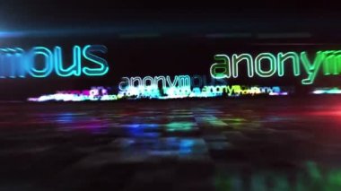 Anonim konsept, siber suç, darknet, kimlik, hackleme ve gizlilik güvenlik ışığı. İşaretler arasında uçmak. Geleceksel alan soyut 3D canlandırma canlandırması.