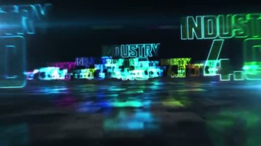 Sanayi 4.0 konsepti, yapay zeka, robotik ve modern fabrika döngüsü. İşaretler arasında uçmak. Gelecekçi uzay soyut 3d biçimlendirilebilir döngüsüz dikişsiz canlandırma.