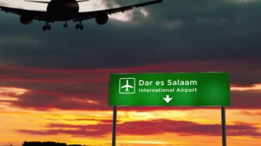 Uçak silueti Dar es Salaam, Tanzanya 'ya iniyor. Havaalanı yön tabelasıyla ve arka planda gün batımıyla şehre vardık. Trip ve ulaşım konsepti 3D animasyon.