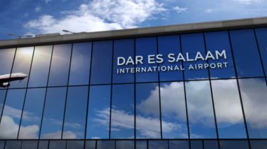Dar es Salaam, Tanzanya 3D 'ye inen uçak animasyon yapıyor. Cam havaalanı terminali ve jet uçağının yansıması ile şehre varış. Seyahat, iş, turizm ve ulaşım kavramı.