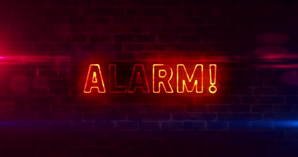 Alarm Warning Concept Danger Security Breach Neon Sign Brick Wall — Stock Video