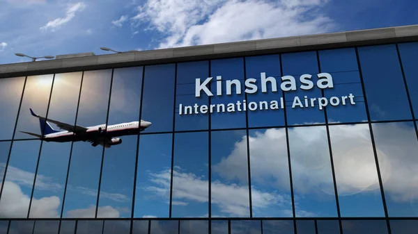 Flygplanslandning Kinshasa Kongo Återgivning Illustration Ankomst Till Staden Med Flygplatsterminalen — Stockfoto