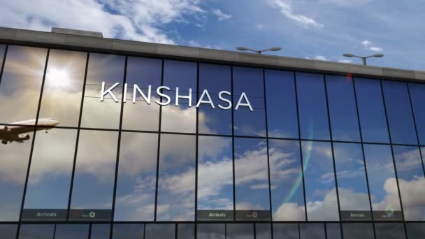 Приземлення Реактивних Літаків Кіншасі Конго Рендеринг Анімації Прибуття Місто Скляним — стокове відео