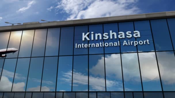 Реактивный Самолет Приземляется Киншасе Конго Рендеринга Анимации Прибытие Город Стеклянным — стоковое видео