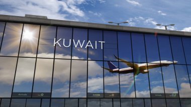 Kuveyt 'e üç boyutlu bir jet uçağı iniyor. Cam havaalanı terminali ve uçağın yansıması ile varış. Seyahat, iş, turizm ve ulaşım kavramı.