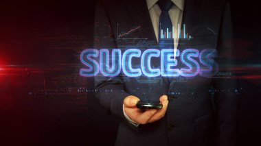 Başarı konsepti, iletişim medyası, yayın ve bilgi kırma. İş adamı elindeki holograma dokunuyor. Fütüristik ışık 3d soyut görüntüleme.