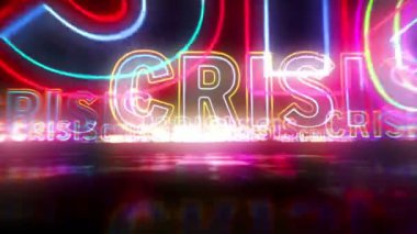 Kriz konsepti animasyon, ekonomi, depresyon, finans, küresel durgunluk ve durgunluk. Işıldayan neon metin döngüsü işi. İşaretler arasında uçmak. Gelecekçi uzay soyut 3d biçimlendirilebilir dikişsiz döngü.