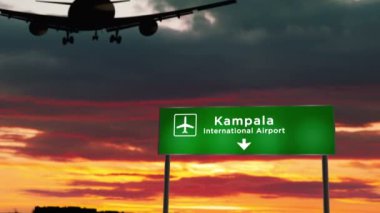 Uganda, Kampala 'ya uçak silueti iniyor. Havaalanı yön tabelasıyla ve arka planda gün batımıyla şehre vardık. Trip ve ulaşım 3D konsepti.