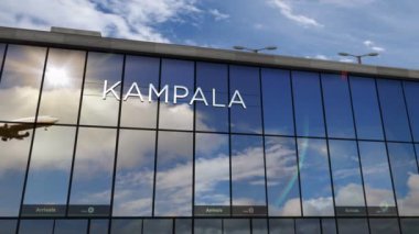Jet uçakları Kampala, Uganda 3D 'ye iniyor. Cam havaalanı terminali ve uçağın yansıması ile şehre varış. Seyahat, iş, turizm ve ulaşım kavramı.