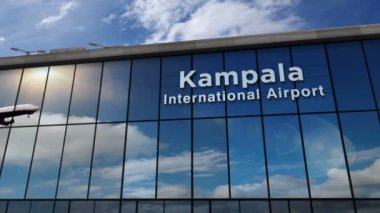 Jet uçakları Kampala, Uganda 3D 'ye iniyor. Cam havaalanı terminali ve uçağın yansıması ile şehre varış. Seyahat, iş, turizm ve ulaşım kavramı.