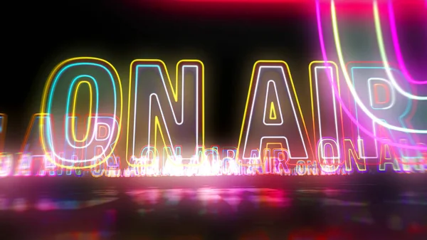 On air radio neon sign concept, television broadcast, media and studio music production. Glowing text. Futuristic 3d rendering illustration.