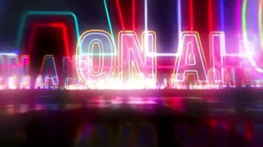 Radyo neon ışığı konsepti, televizyon yayını, internet medyası ve stüdyo müzik prodüksiyonunda. Parlak metin döngüsü. İşaretler arasında uçmak. Gelecekçi uzay soyut 3d biçimlendirilebilir dikişsiz döngü.