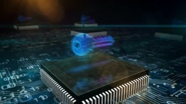 Gizlilik, bilgisayar şifre güvenliği, veri koruması ve şifreleme anahtar sembolü. Siber güvenlik kavramı. 3 boyutlu kamera çalışan bilgisayarın içindeki devre üzerinde uçuyor..