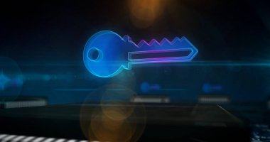 Gizlilik, bilgisayar şifre güvenliği, veri koruması ve şifreleme anahtar sembolü. Siber güvenlik kavramı. Geleceğin teknolojisi 3 boyutlu illüstrasyon. Bilgisayarın içindeki tahta devresi.
