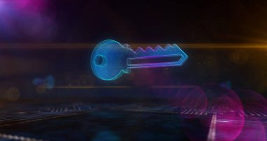 Gizlilik, bilgisayar şifre güvenliği, veri koruması ve şifreleme anahtar sembolü. Siber güvenlik kavramı. Geleceğin teknolojisi 3 boyutlu illüstrasyon. Bilgisayarın içindeki tahta devresi.