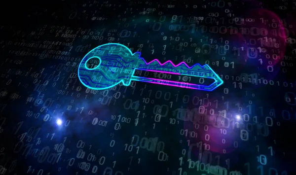 Privacy, computer password safety, data protection and encryption. Cyber security concept. Abstract 3d rendering illustration. Processor with key symbol.