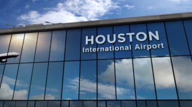 Jet uçakları Houston, Texas 'a iniyor, ABD 3D canlandırma. Cam havaalanı terminali ve uçağın yansıması ile şehre varış. Seyahat, turizm ve ulaşım kavramı.
