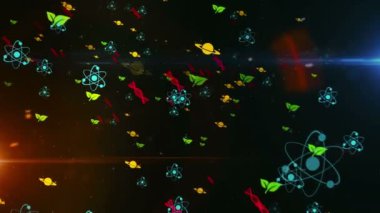 Bilim sembolleri ve simgeleri kusursuz 3D döngü tünel animasyonu. Fizik, kimya, biyoloji, astronomi ve atom işaretleriyle soyut konsept dijital arkaplan.