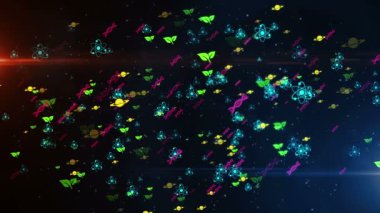 Bilim sembolleri ve simgeler uçan ikonlar, döngüsüz 3D animasyon. Fizik, kimya, biyoloji, eğitim, astronomi ve atom işaretleriyle soyut konsept dijital arkaplan.