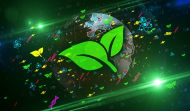 Dijital dünya 3d illüstrasyonunda bilim ve eğitim sembolleri ve simgeleri. Fizik, kimya, biyoloji, astronomi ve atom işaretli soyut kavram.