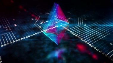 Ethereum sembolü. Şifreli para dijital para, siber para ve kripto para ikonu konsepti. Kamera, bilgisayarın içindeki 3 boyutlu simge etrafında. Kusursuz döngüsüz soyut canlandırma.