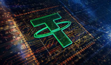 Bağlantı sembolü, USDT, kripto para birimi, siber dolar parası, kripto para birimi ve para ikonu. Çizim için soyut 3D sembol kavramı.