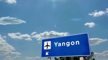 Jet uçağı Yangon, Myanmar 'a iniyor. Havaalanı istikameti işaretli şehir gelişi. Seyahat, iş, turizm ve ulaşım konsepti. 3B canlandırma canlandırması.