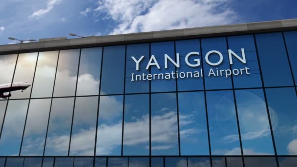 Aeromobili Jet Che Atterrano Yangon Myanmar Animazione Rendering Arrivo Città — Video Stock