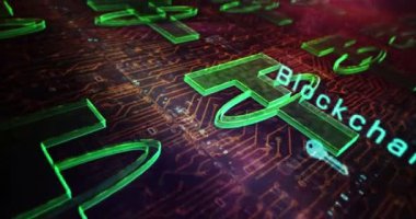 Bağlantı sembolü, USDT, kripto para birimi, siber dolar parası, kripto para birimi ve ana para metal sembolleri. Döngüsüz soyut kavram 3 boyutlu canlandırma. Devrenin üzerinden uçuyor.