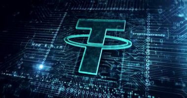 Bağlantı sembolü, USDT, kripto para birimi, siber dolar parası, kripto para birimi ve ana para sembolü ve devre kartındaki yazı. Soyut kavram 3D canlandırma canlandırması.