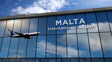 Malta 3D 'ye inen jet uçakları resimleme yapıyor. Cam havaalanı terminali ve uçağın yansıması ile şehre varış. Seyahat, iş, turizm ve ulaşım kavramı.