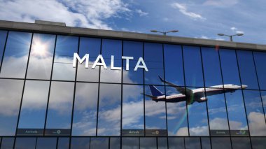 Malta 3D 'ye inen jet uçakları resimleme yapıyor. Cam havaalanı terminali ve uçağın yansıması ile şehre varış. Seyahat, iş, turizm ve ulaşım kavramı.