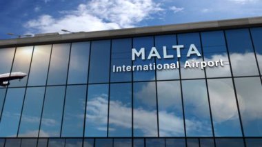 Malta 3D 'ye inen jet uçakları animasyon yapıyor. Cam havaalanı terminali ve uçağın yansıması ile şehre varış. Seyahat, iş, turizm ve ulaşım kavramı.